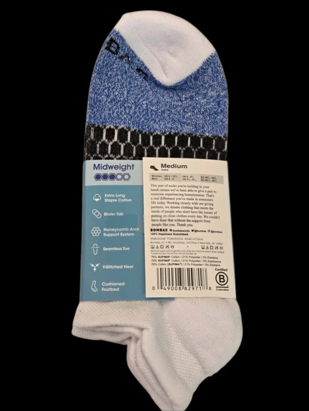 Bombas Medium Ankle Socks Blue & White 5 Pair BNWT Unisex Honeycomb Arch Support